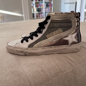 Golden Goose Metallic and Black High-Top Slides